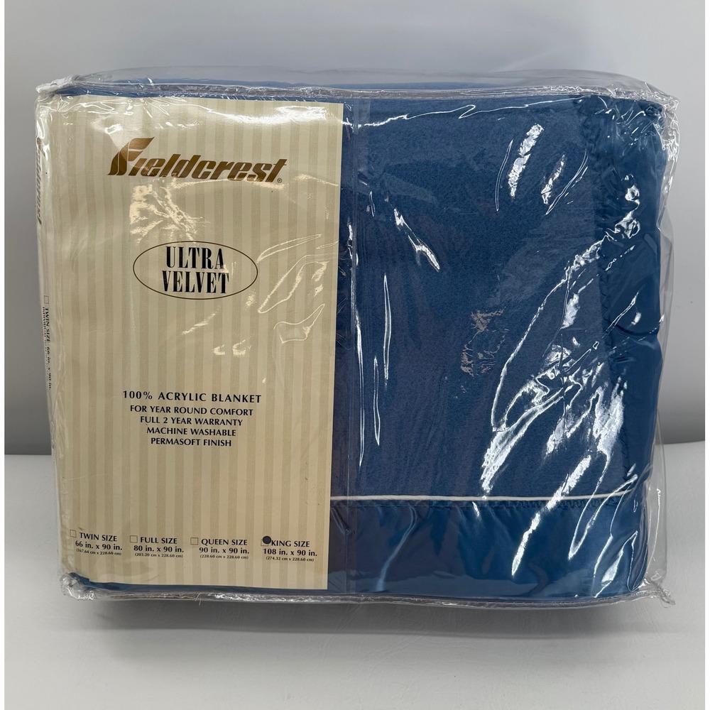 Fieldcrest Ultra Velvet Blanket King Blue Vintage Acrylic Satin Trim Cozy New